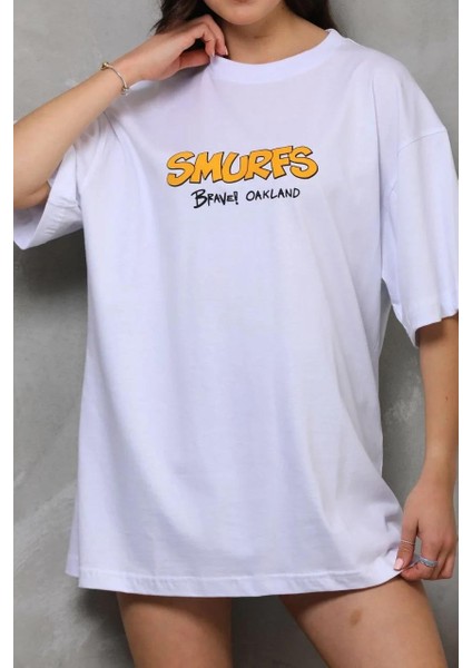 Unisex Bisiklet Yaka Baskılı Oversize T-Shirt - Beyaz modelleri