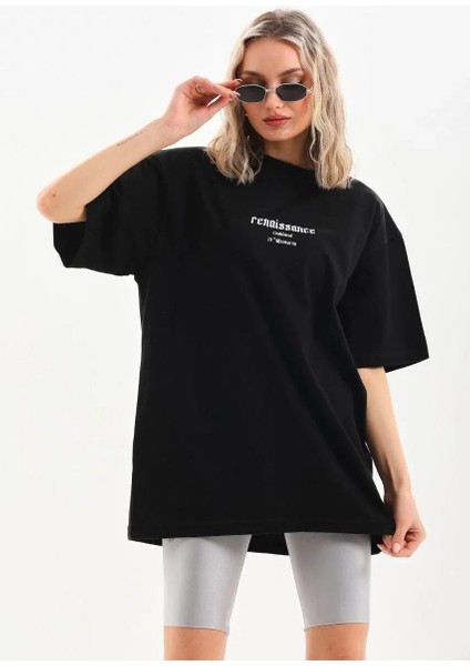 Unisex Baskılı Oversize T-Shirt - Siyah