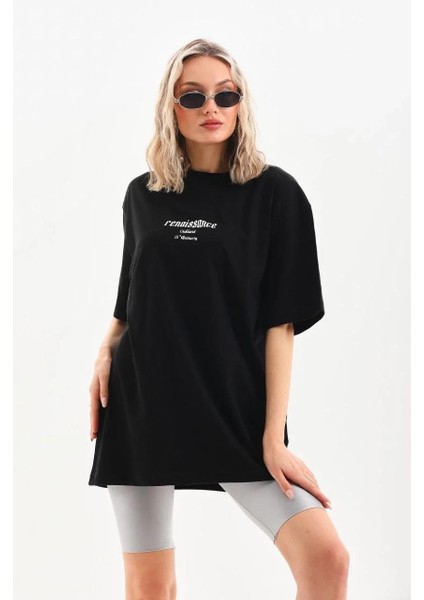Unisex Baskılı Oversize T-Shirt - Siyah modelleri