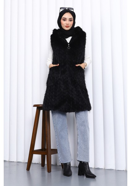 Siyah Kapüşonlu Astarlı Kürk Yelek fiyatları