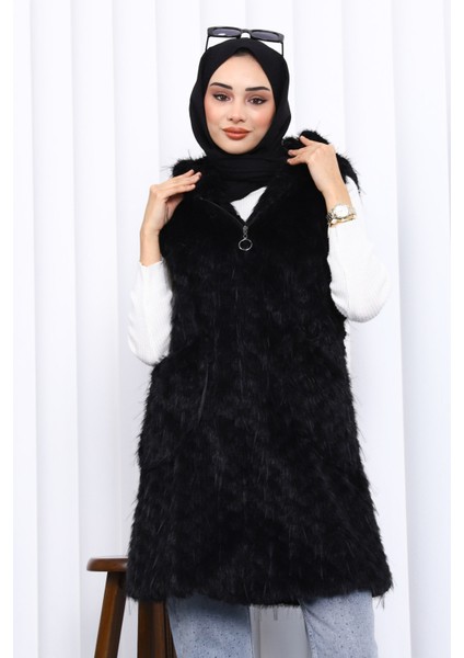 Siyah Kapüşonlu Astarlı Kürk Yelek modelleri