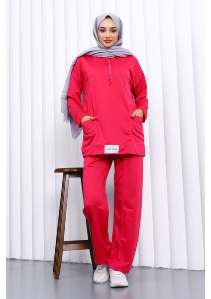 KOYU FUŞYA Önü Etiketli İki İplik Tesettür Takım