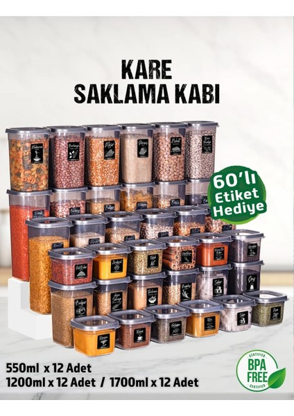 36 Adet 72 Parça 0,55-1,2-1,7 Litre Kare Erzak Bakliyat Saklama Kabı Seti 60 Etiket Hediyeli