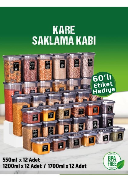 36 Adet 72 Parça 0,55-1,2-1,7 Litre Kare Erzak Bakliyat Saklama Kabı Seti 60 Etiket Hediyeli fiyatları
