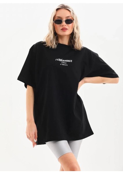 Unisex Baskılı Oversize T-Shirt - Siyah indirimleri