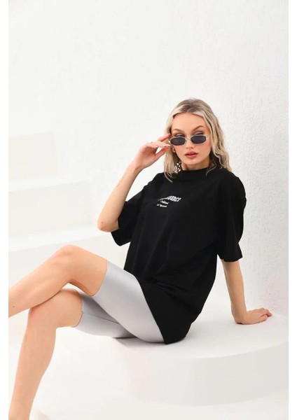 Unisex Baskılı Oversize T-Shirt - Siyah