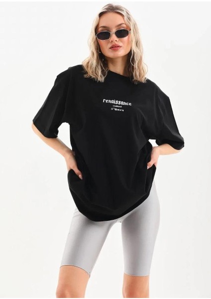 Unisex Baskılı Oversize T-Shirt - Siyah
