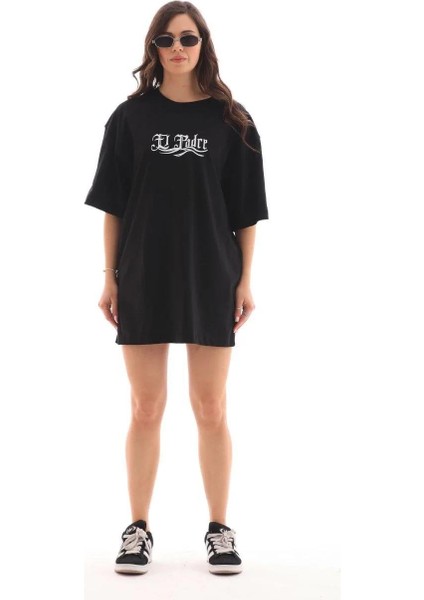 Unisex Bisiklet Yaka Baskılı Oversize T-Shirt - Siyah