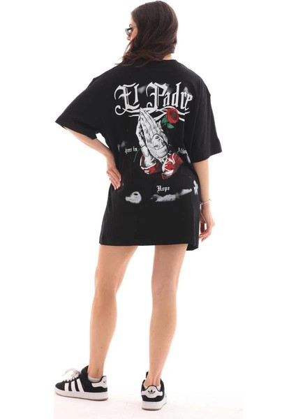 Unisex Bisiklet Yaka Baskılı Oversize T-Shirt - Siyah fiyatları