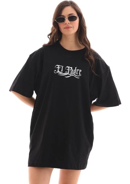 Unisex Bisiklet Yaka Baskılı Oversize T-Shirt - Siyah