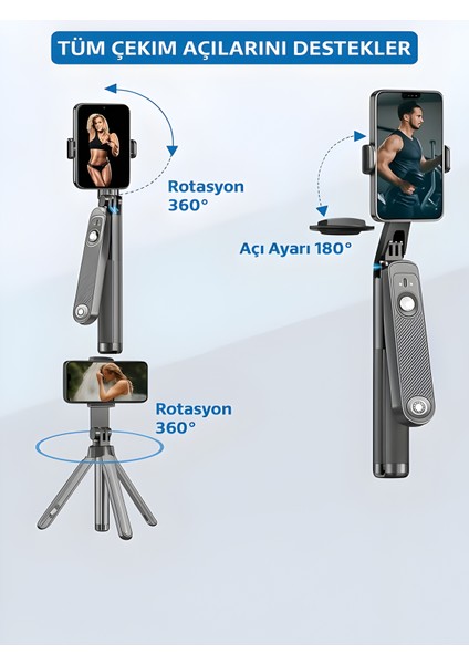 360° Ayarlanabilir Bluetooth Kumandalı 180 cm Telefon Tripod | Android Ios Gopro Uyumlu modelleri