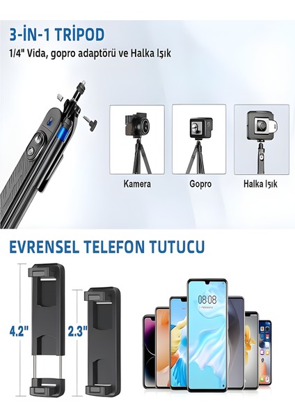 360° Ayarlanabilir Bluetooth Kumandalı 180 cm Telefon Tripod | Android Ios Gopro Uyumlu fırsatları