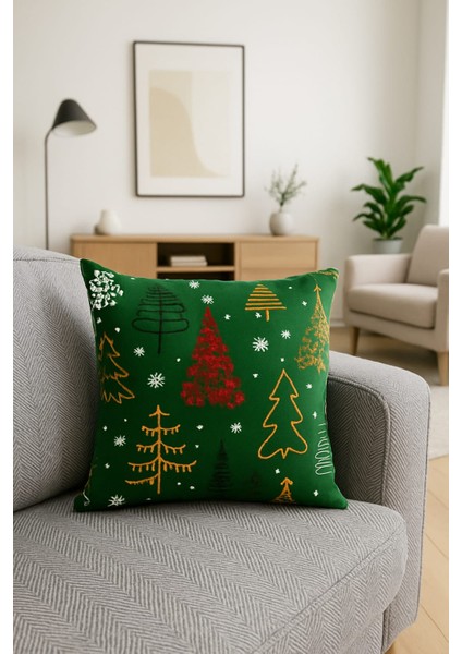 Yılbaşı Desenli Dekoratif Çift Taraflı Kırlent Kılıfı – Duck Kumaş 43X43 cm