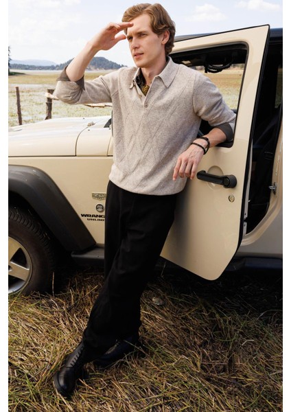 Erkek Polo Yaka Hasır Örgü Baklava Yürütmeli Yün Kazak V.bej modelleri