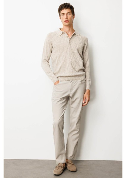 Erkek Polo Yaka Hasır Örgü Baklava Yürütmeli Yün Kazak V.bej indirimleri