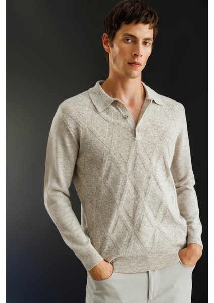 Erkek Polo Yaka Hasır Örgü Baklava Yürütmeli Yün Kazak V.bej