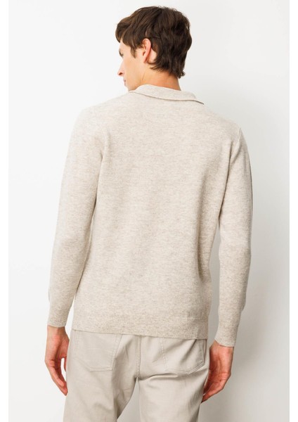 Erkek Polo Yaka Hasır Örgü Baklava Yürütmeli Yün Kazak V.bej