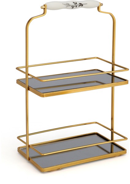 Çarşı Hanem Iki Katlı Gold Sunumluk Kare Kozmetik Düzenleyici Banyo Servis Sunum Nişan Tepsisi Çok Amaçlı