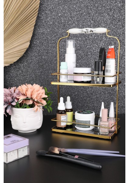 Çarşı Hanem Iki Katlı Gold Sunumluk Kare Kozmetik Düzenleyici Banyo Servis Sunum Nişan Tepsisi Çok Amaçlı modelleri