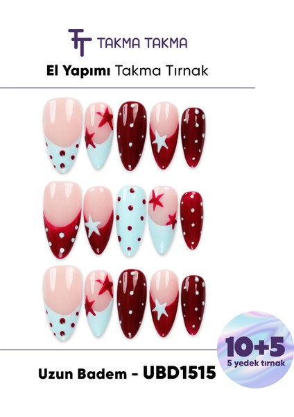 15'li Renkli Uzun Badem UBD1515 Tekrar Kullanılabilir El Yapımı Protez Takma Tırnak - Renkli-L