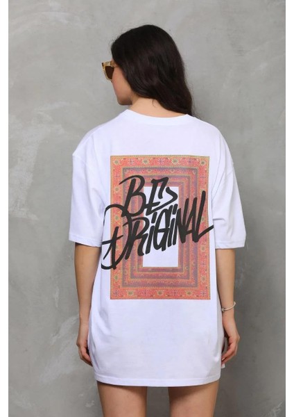 Unisex Bisiklet Yaka Baskılı Oversize T-Shirt - Beyaz indirimleri