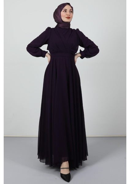 Önü Çapraz Şifon Elbise Mor