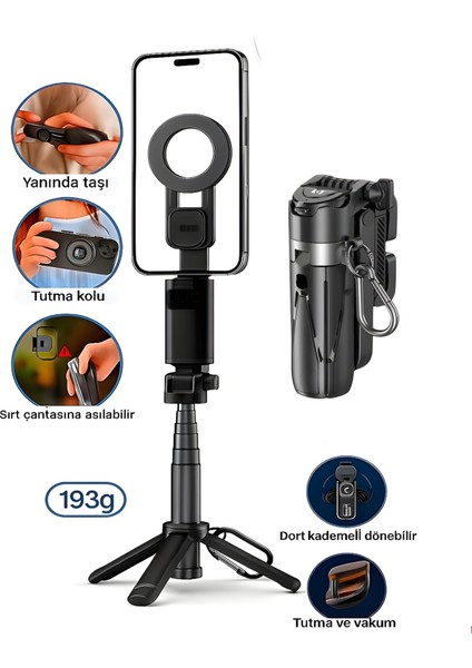 Magsafe Mıknatıslı 41.5 cm 360° Ayarlanabilir Bluetooth Alüminyum Telefon Tripod | Android Ios