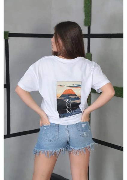Unisex Bisiklet Yaka Baskılı Oversize T-Shirt- Beyaz fiyatları