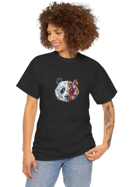 Unisex Kadın Bisiklet Yaka Baskılı T-Shirt - Siyah