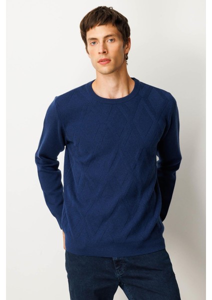 Erkek Sıfır Yaka Hasır Örgü Baklava Yürütmeli Yün Kazak Indigo