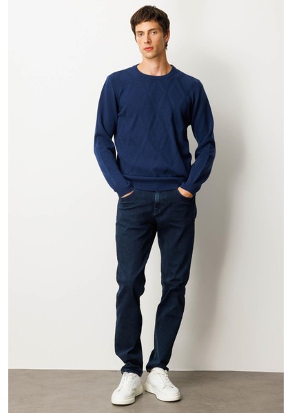 Erkek Sıfır Yaka Hasır Örgü Baklava Yürütmeli Yün Kazak Indigo indirimleri