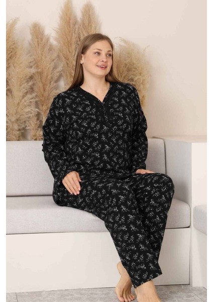 Siyah Çiçekli Dantel Detaylı V Yaka Düğmeli Mevsimlik Pamuk Likralı Uzun Kol Pijama Takımı-Geniş Kalıp modelleri