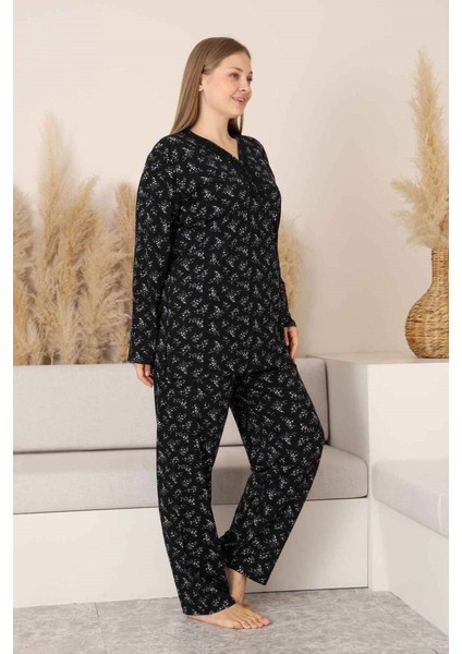 Siyah Çiçekli Dantel Detaylı V Yaka Düğmeli Mevsimlik Pamuk Likralı Uzun Kol Pijama Takımı-Geniş Kalıp indirimleri