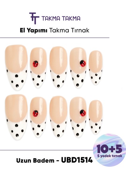 15'li Ten Rengi Uzun Badem UBD1514 Tekrar Kullanılabilir El Yapımı Protez Takma Tırnak - Ten Rengi-S