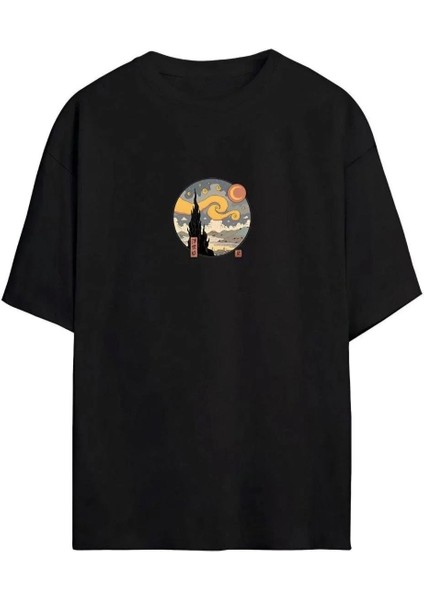 Unisex Baskılı Oversize T-Shirt - Siyah