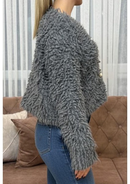 Kadın Gri Düğmeli Hırka – Yumuşak Tüylü Dokulu Sıcak Triko Hırka fiyatları