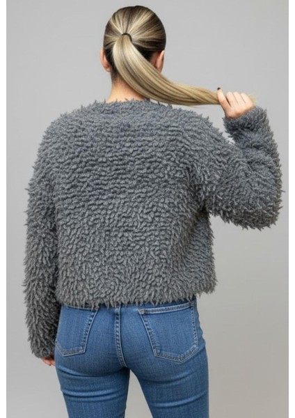 Kadın Gri Düğmeli Hırka – Yumuşak Tüylü Dokulu Sıcak Triko Hırka modelleri
