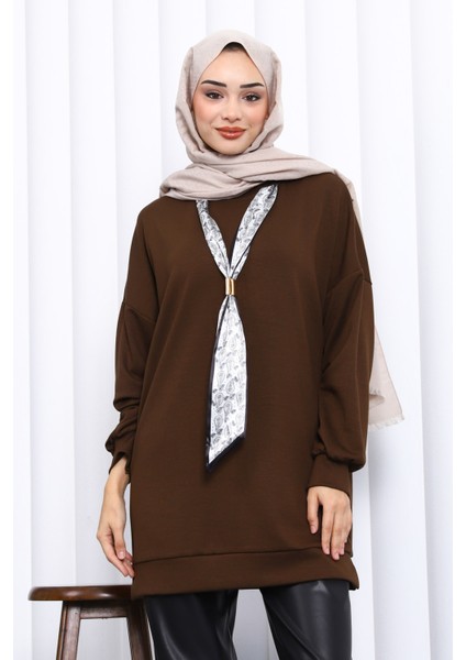 Kahverengi Fular Aksesuarlı Modal Tunik