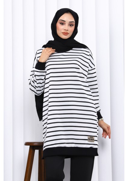 Ekru Çizgili Bisiklet Yaka Armalı Tunik