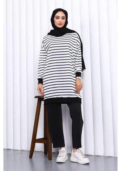 Ekru Çizgili Bisiklet Yaka Armalı Tunik fiyatları