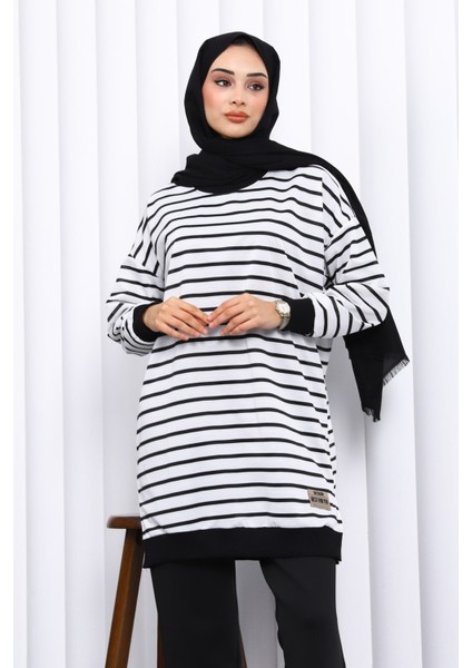 Ekru Çizgili Bisiklet Yaka Armalı Tunik modelleri