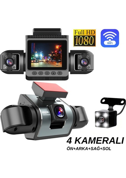4 Kanallı Araç Içi Kamera | 4 Kamera Aynı Anda Kayıt | 360° Kayıt Açısı | Gece Görüşü, 2" IPS Ekran