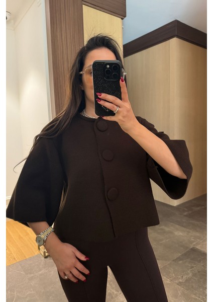 Kaplama Düğmeli Triko Hırka- Kahverengi modelleri