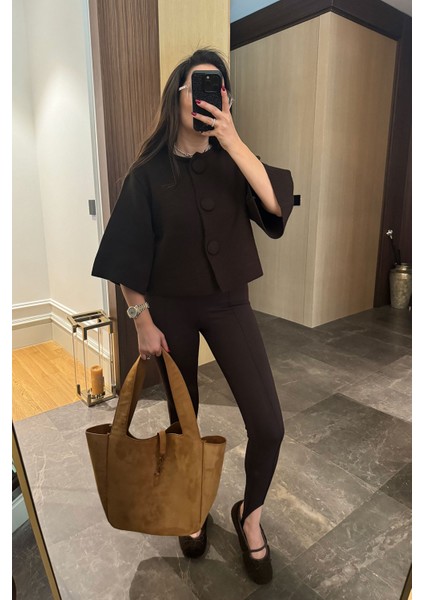 Kaplama Düğmeli Triko Hırka- Kahverengi fırsatları