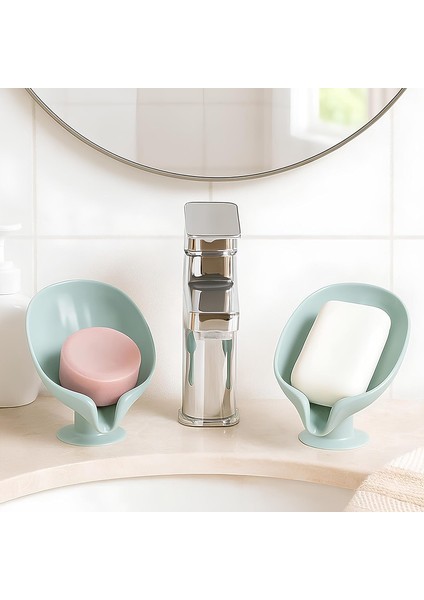 2'li Yaprak Tasarımlı Su Giderli Sabunluk – Su Yeşili,, Deliksiz Montaj, Sabun ve Sünger Için Uygun, Hızlı Kuruma, ve Mutfak Sabunluk Seti