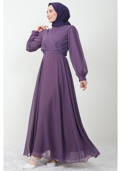 Önü Çapraz Şifon Elbise Koyu Lila
