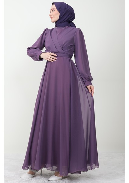 Önü Çapraz Şifon Elbise Koyu Lila modelleri