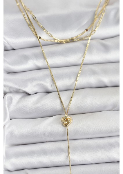 Pirinç Gold Renk Düğüm Model Detaylı 3'lü Kombin Y Kadın Kolye - TJ-BKO10693