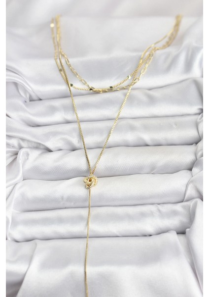 Pirinç Gold Renk Düğüm Model Detaylı 3'lü Kombin Y Kadın Kolye - TJ-BKO10693 fiyatları