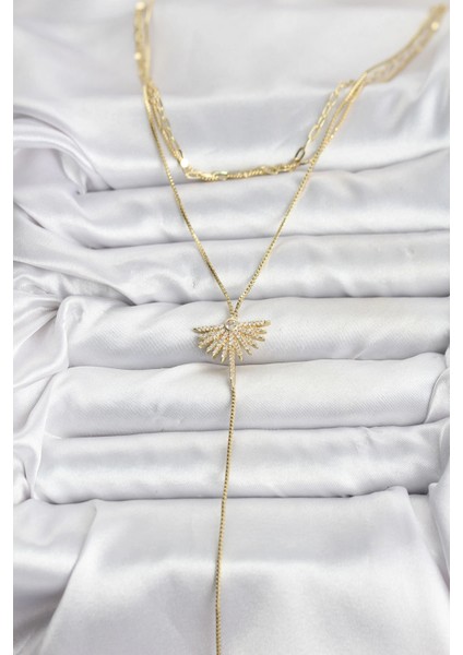 Pirinç Gold Renk Zirkon Taşlı Yelpaze Model Detaylı 3'lü Kombin Y Kadın Kolye - TJ-BKO10695 fiyatları